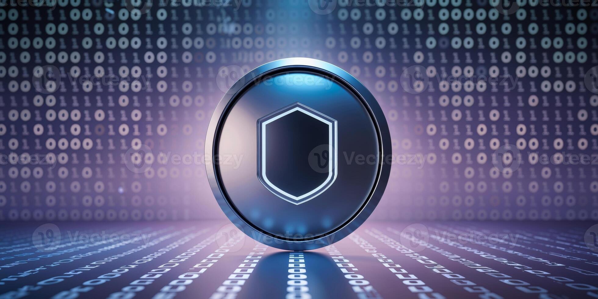 Digital Data Security Shield with Binary Code Background. photo