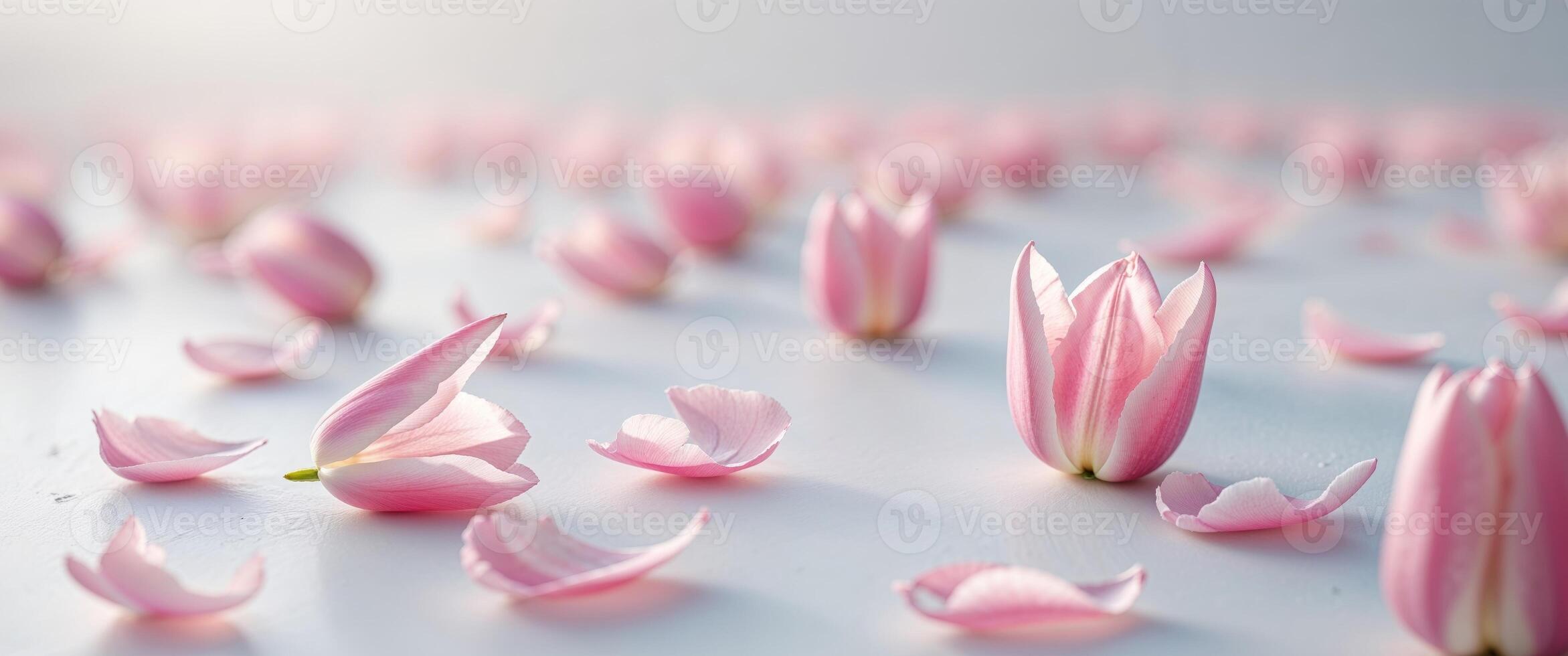 Delicate pink tulip petals scattered on a white surface during early spring photo