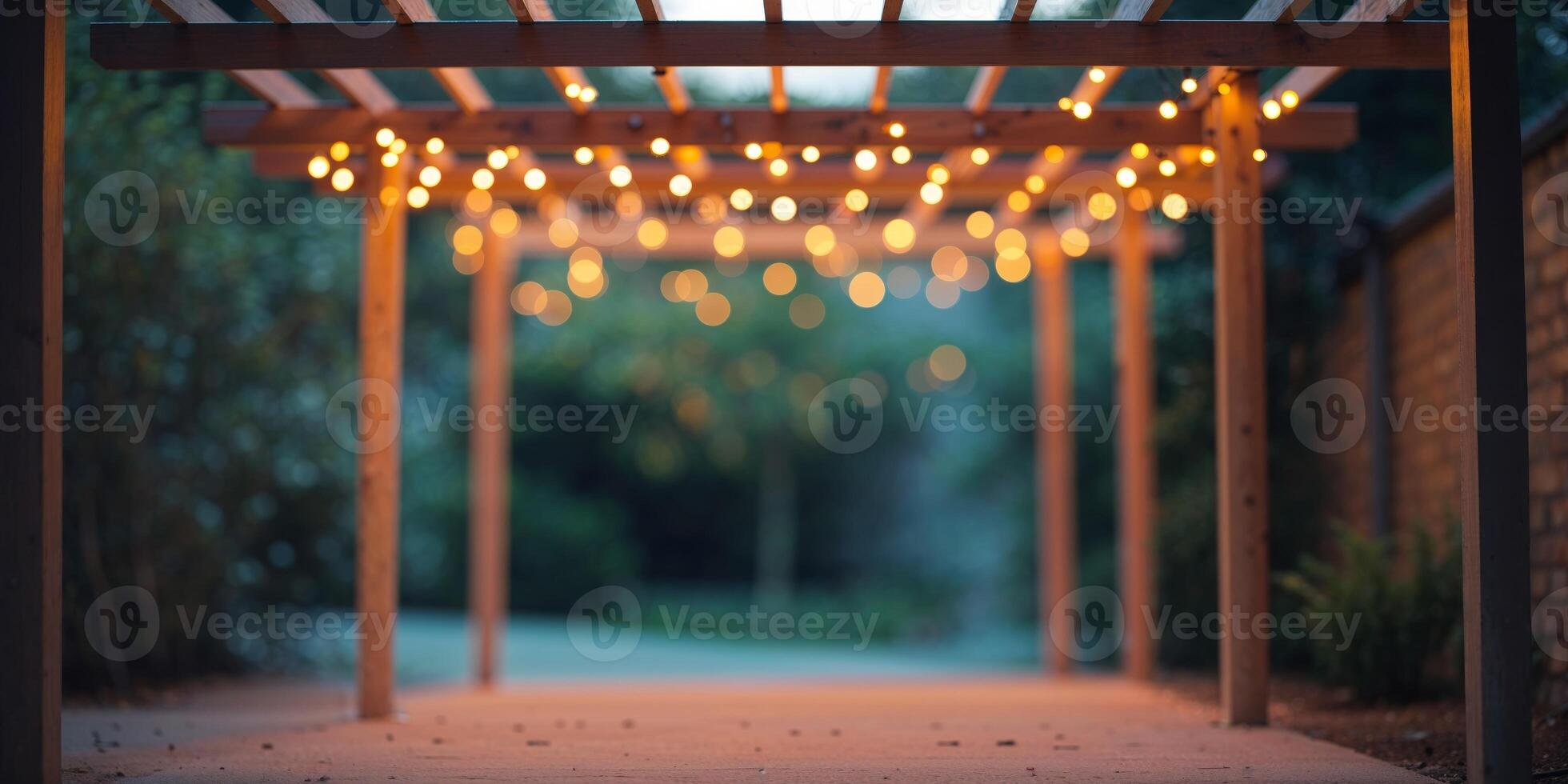 A Lit Pergola Structure Decorated with String Lights at Dusk. photo