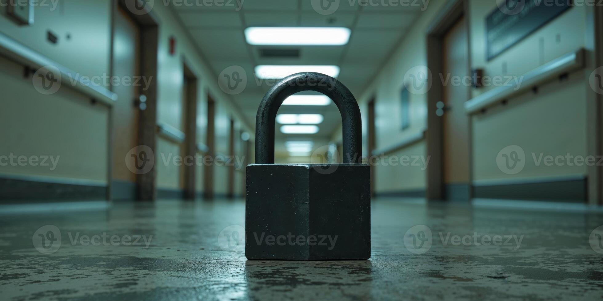A metal padlock stands on a corridor in a hospital setting photo