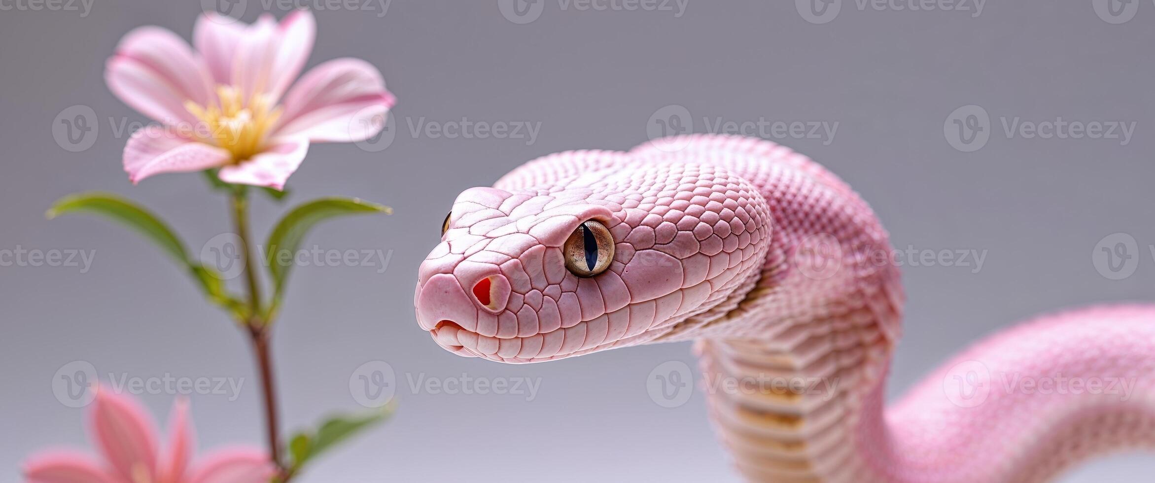 A tight shot of a pink snake's head with a pink flower in the foreground and another in the background. photo
