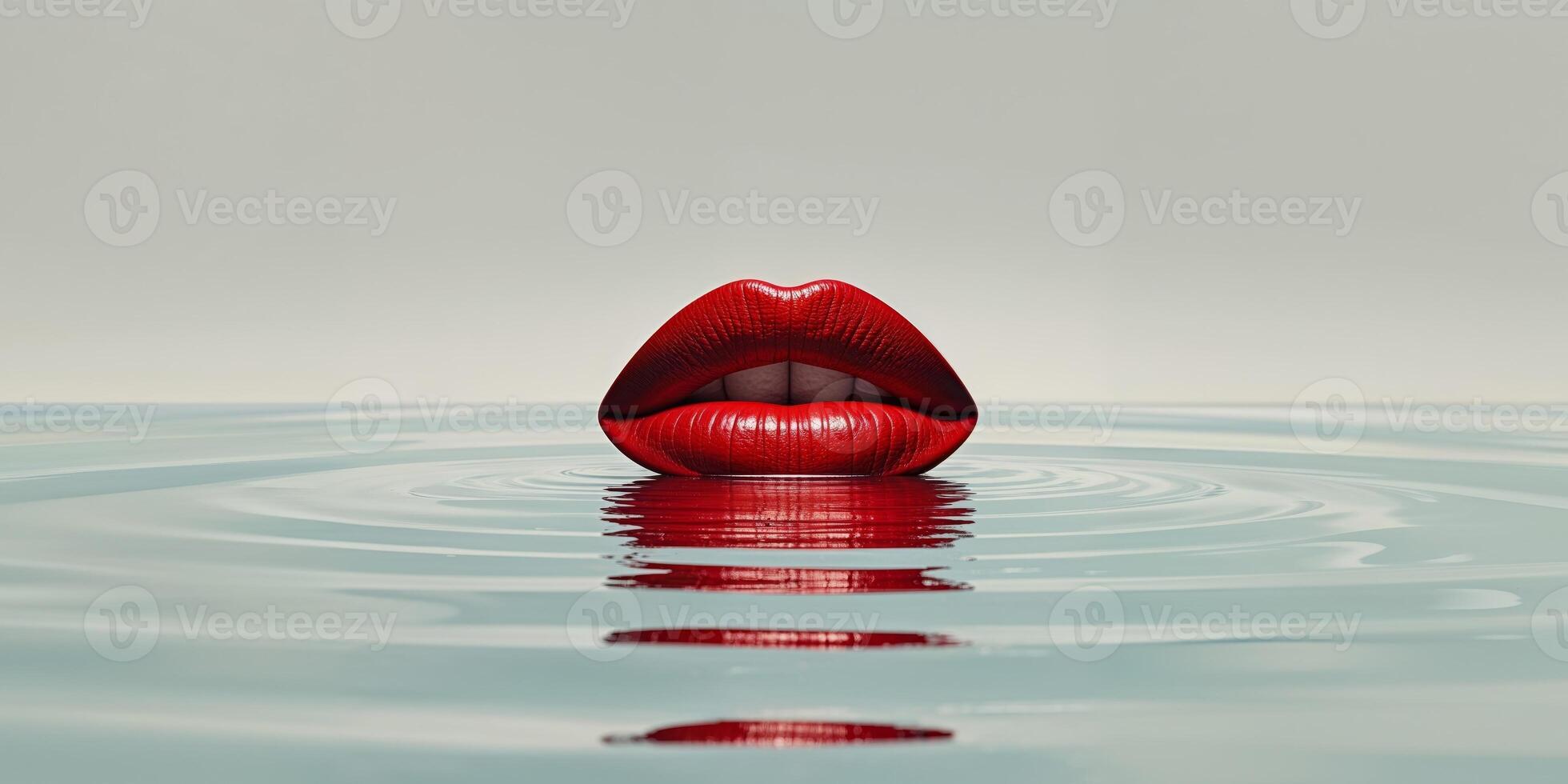 A red lips is floating in water with a reflection photo