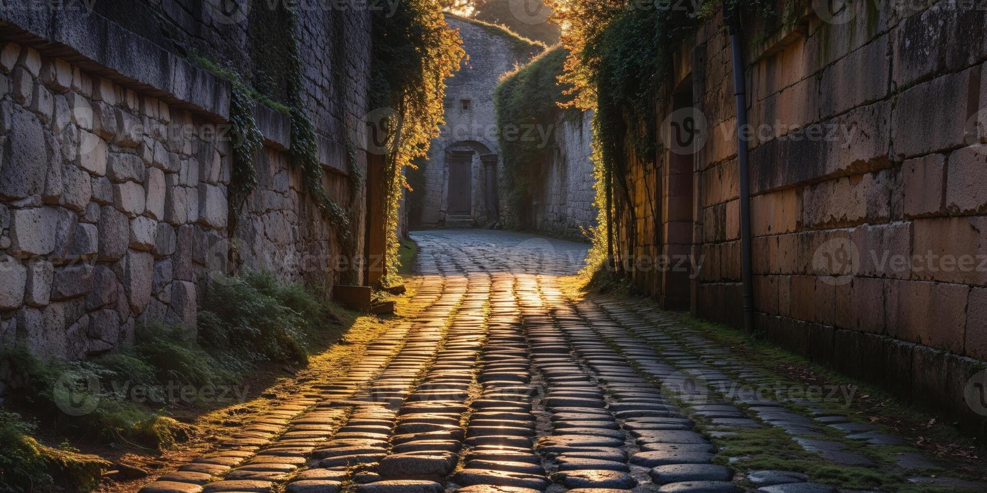 A cobblestone street with a stone wall and a light shining through it photo