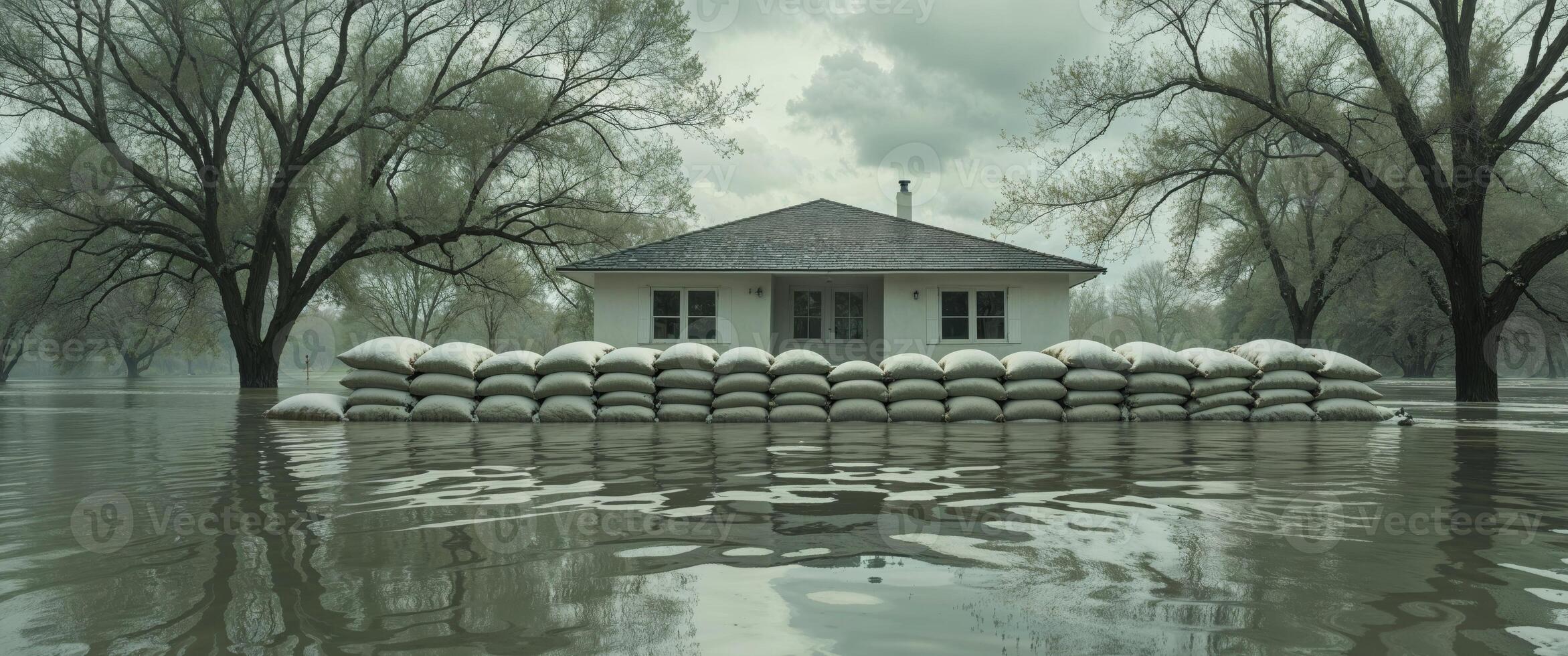 A house surrounded by sandbags in a flooded area photo