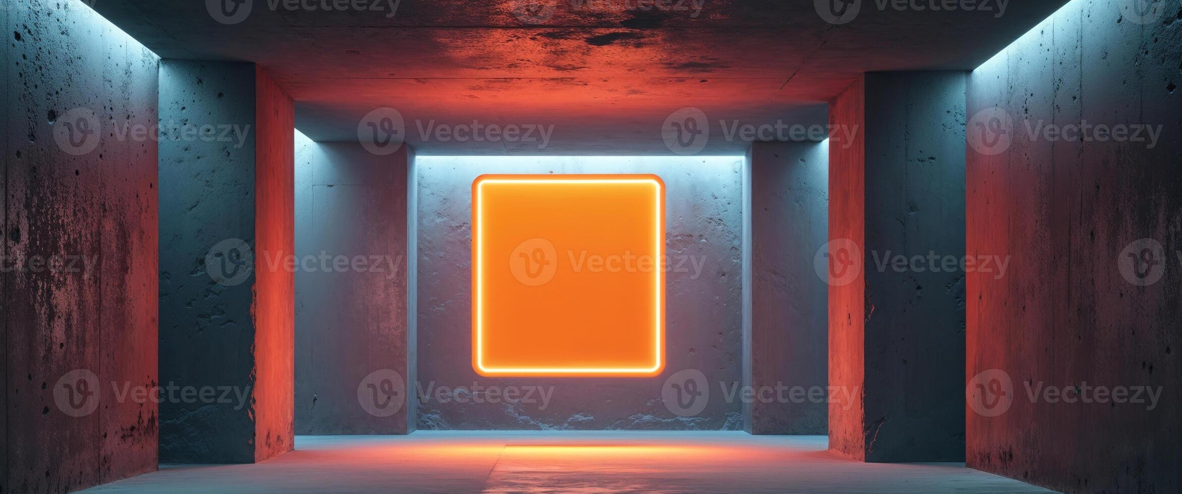 Glowing orange square portal in a dark concrete room photo