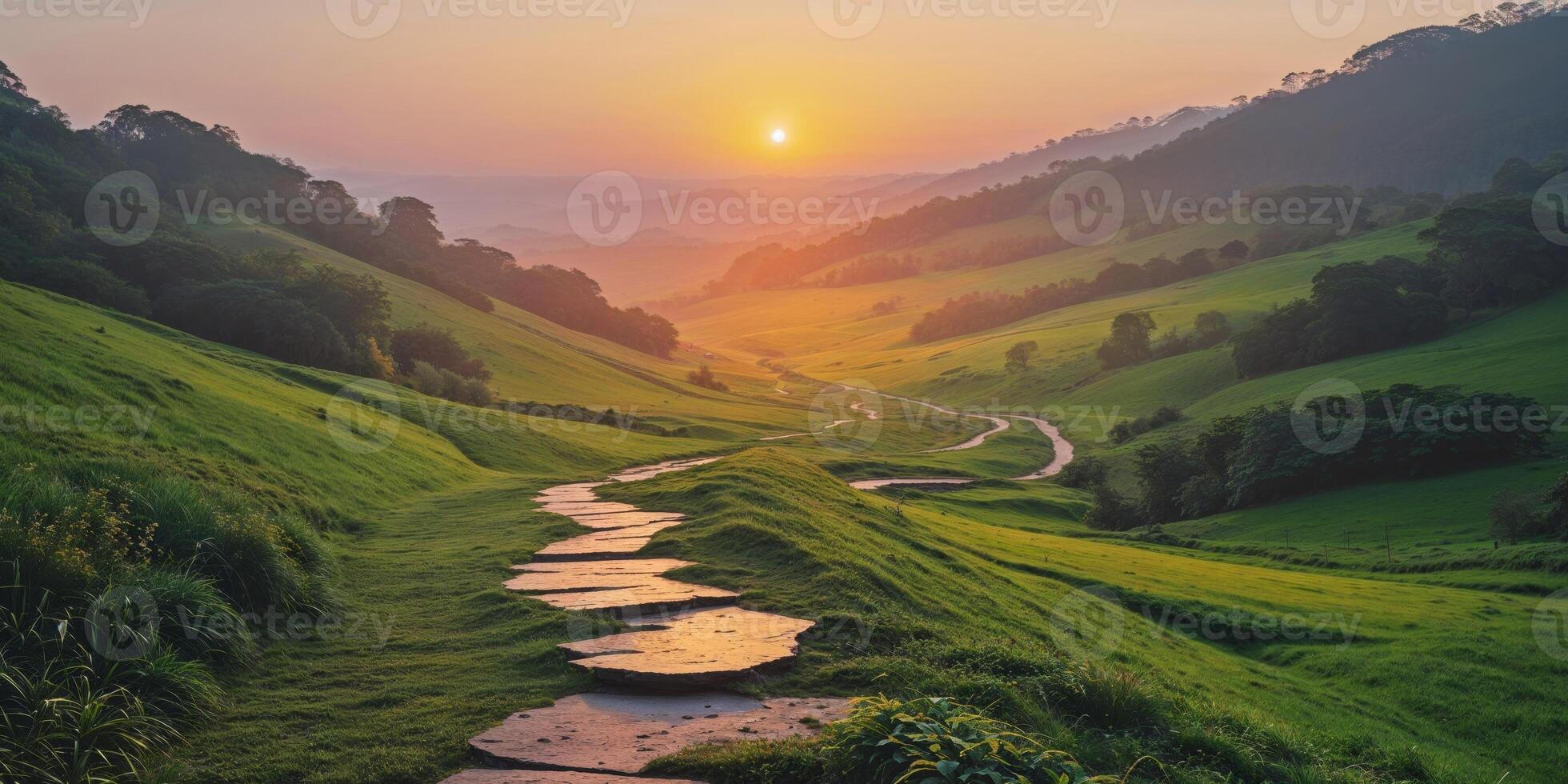 Sunset Landscape Over Lush Green Valley With Stone Path. photo