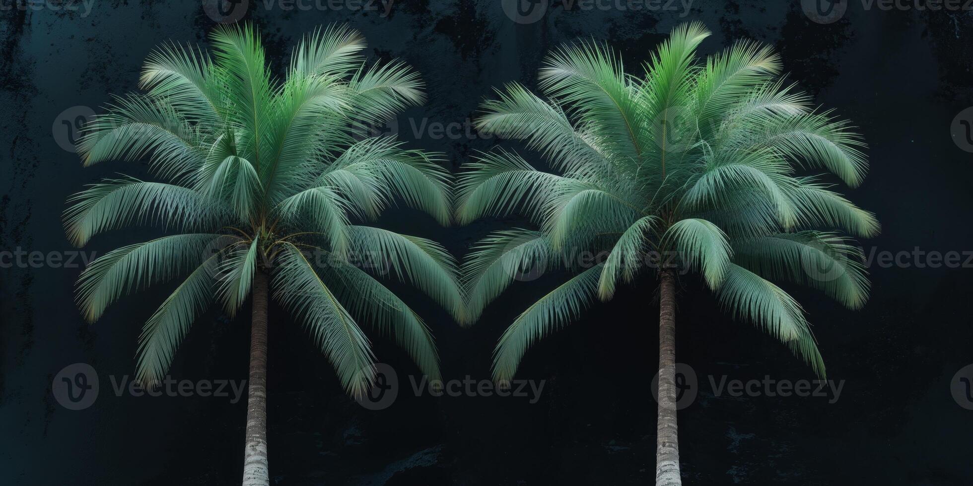 Two lush green palm trees stand tall in a black setting. photo