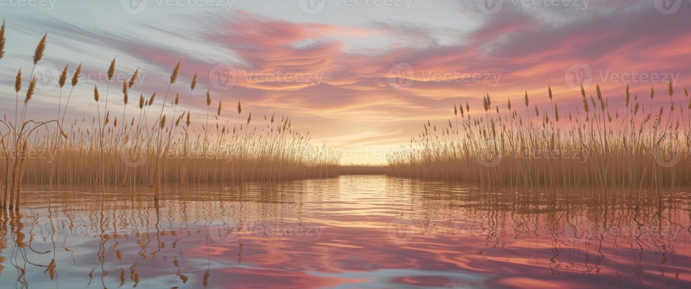 golden reeds line a tranquil waterway mirroring the dramatic sunset sky above in a stunning reflection photo