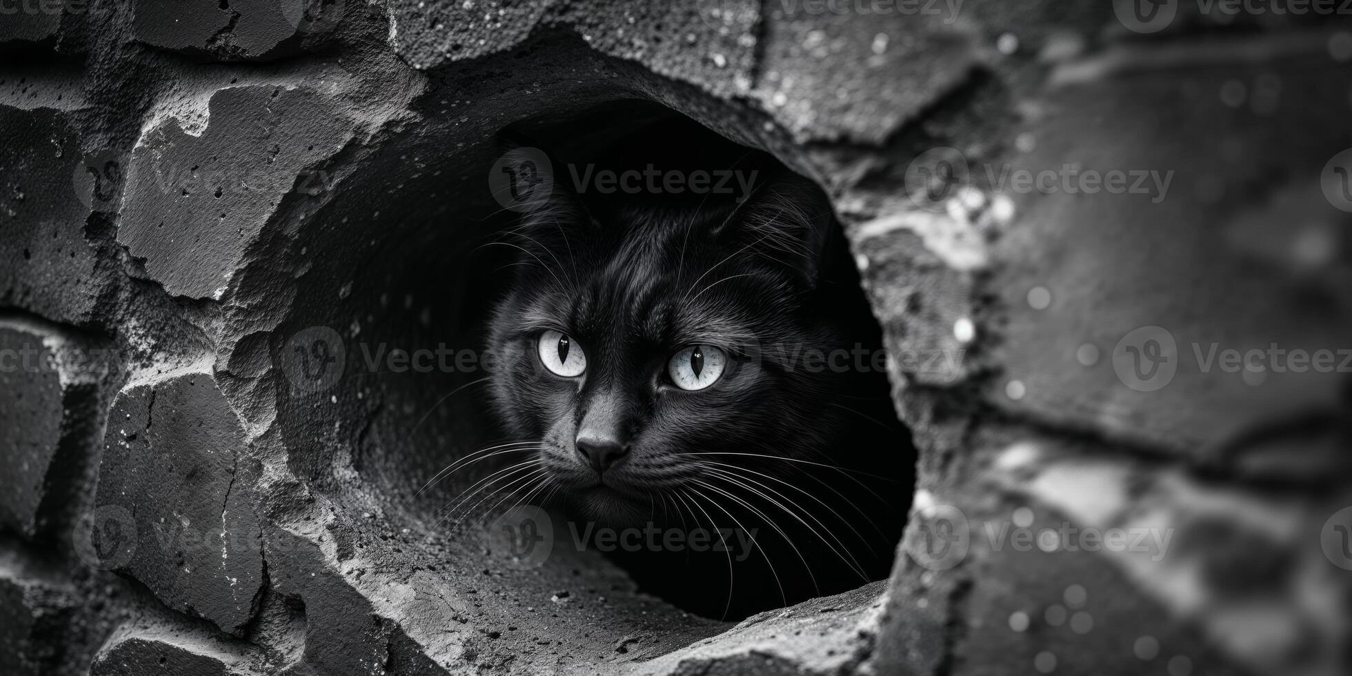 Mysterious gaze of a black cat peering through a darkened hole in the wall. photo