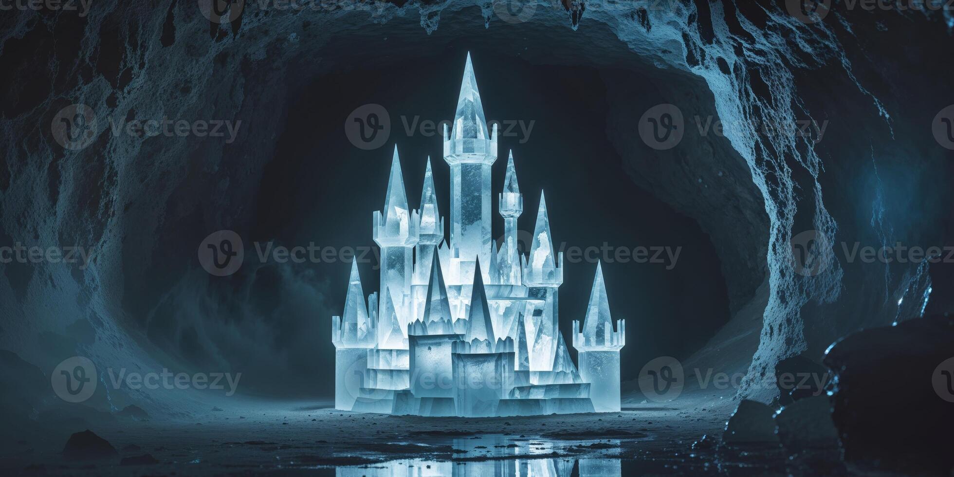 Mystical Crystal Castle Emerging From Dark Cave Entrance with Glowing Lights photo
