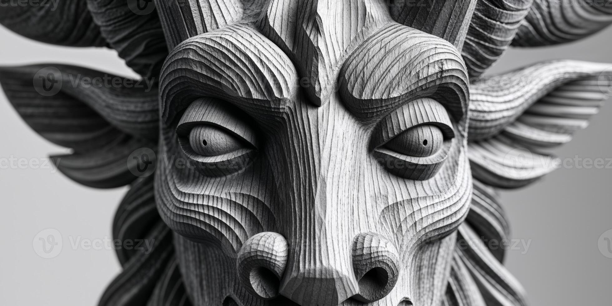 Wood carving of a mythical creature face. photo