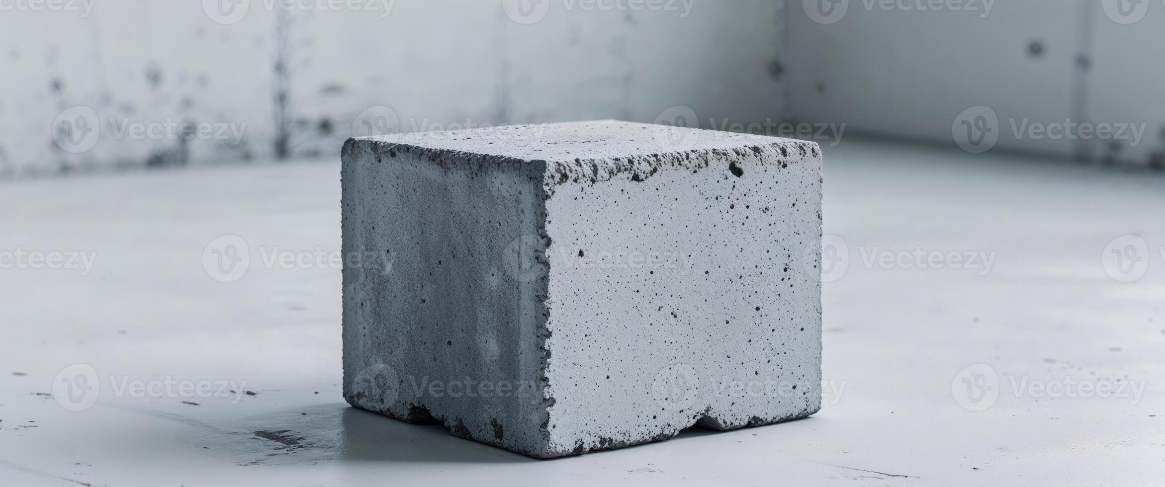Gray concrete cinder block with rough textured surface centered on a clean white backdrop showcasing ample copy space for design use. photo