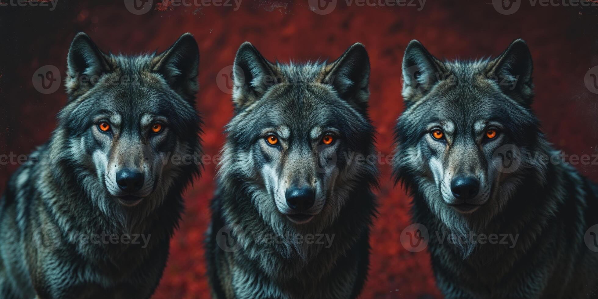 Three Wolves With Intense Red Eyes On A Textured Red Background photo
