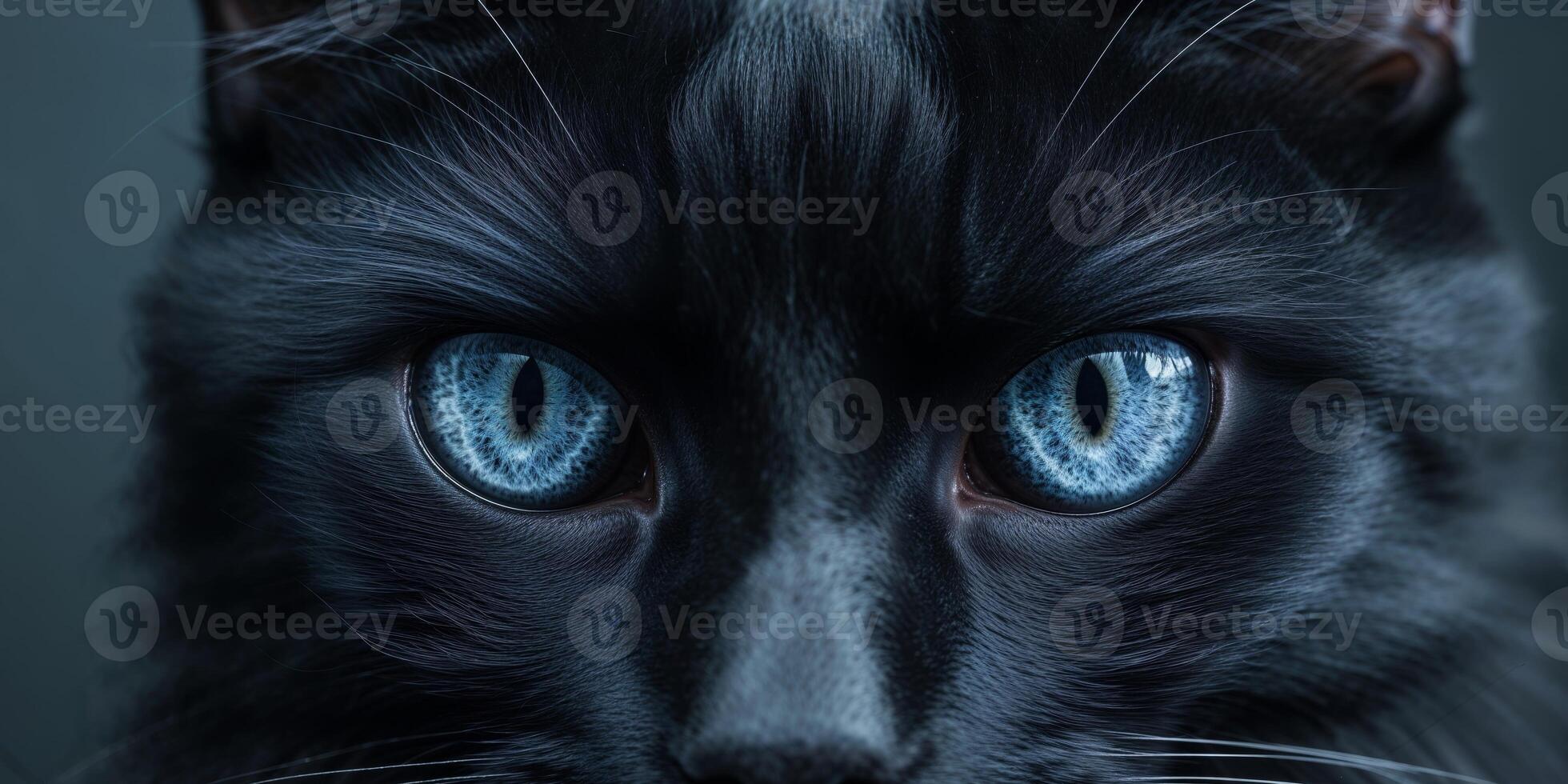 Macro close up of intense piercing black cat eyes with a mysterious and eerie expression. photo