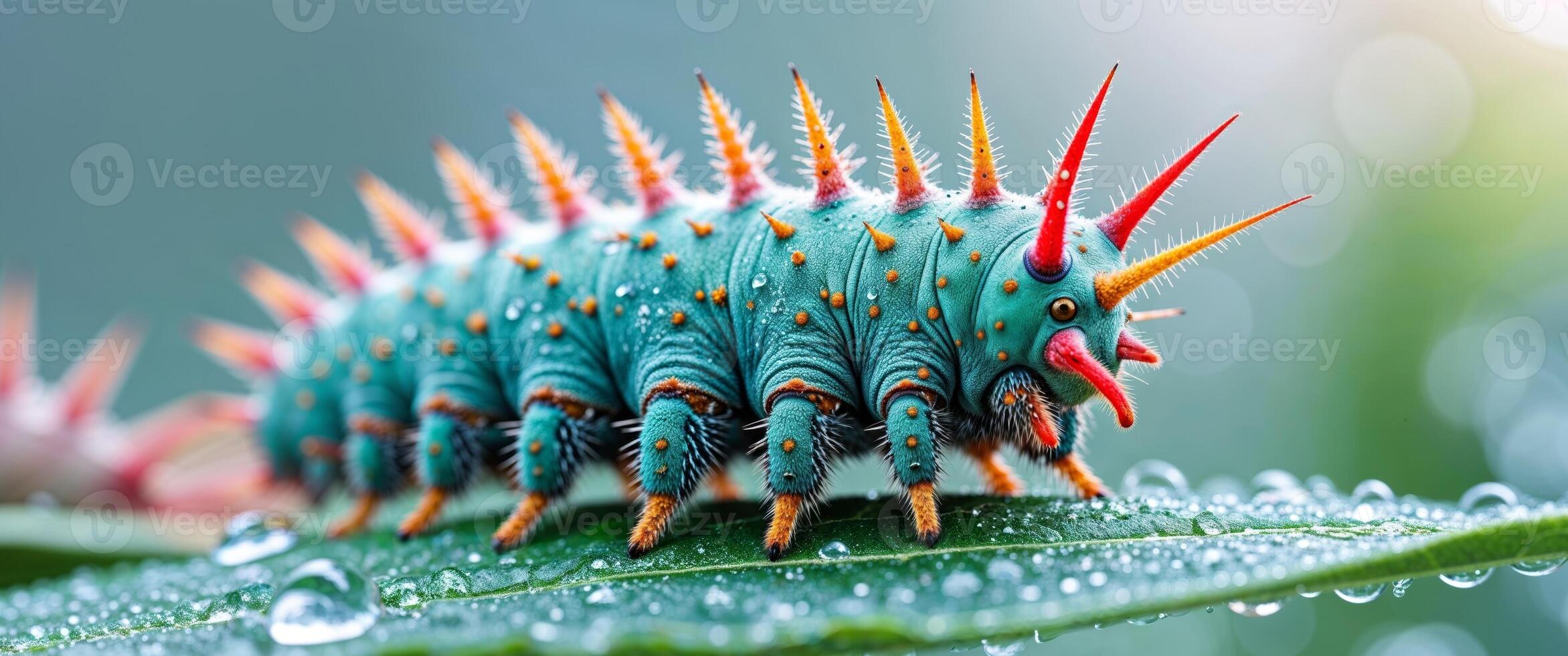 A colorful caterpillar on a leaf with water droplets photo