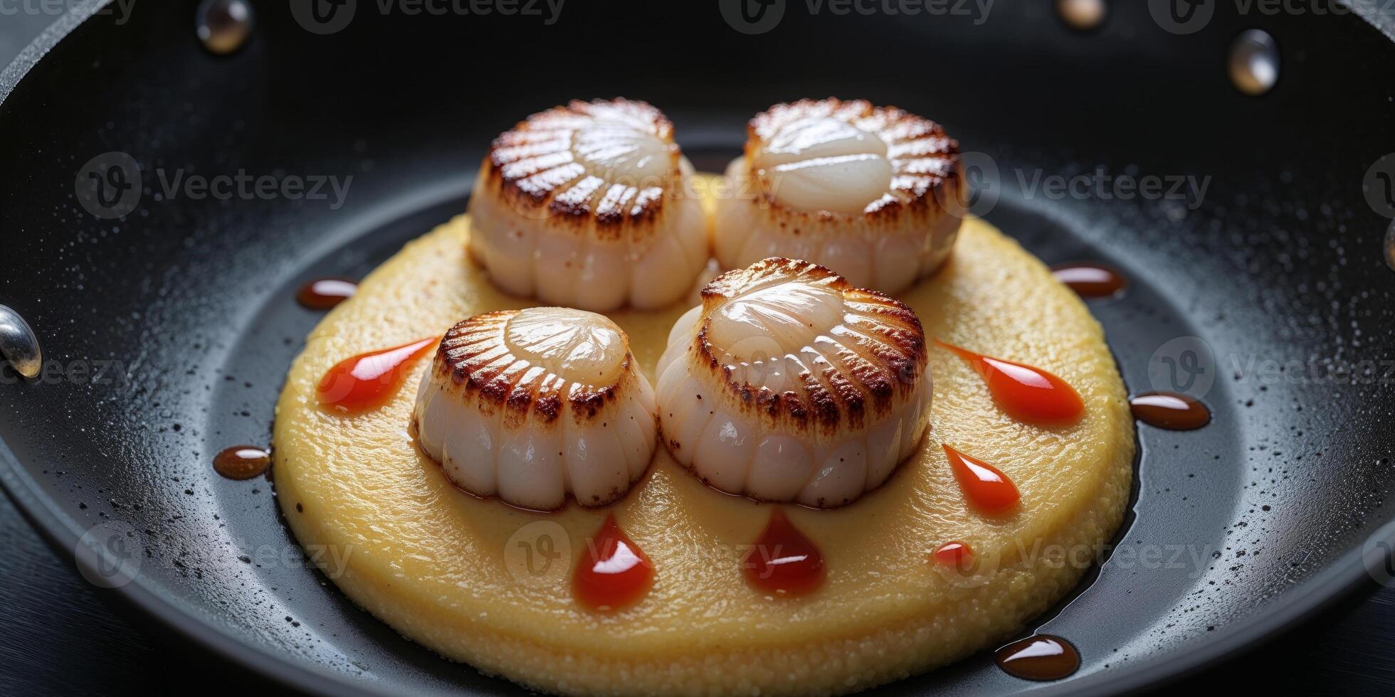 A pan with two scallops on top of a sauce photo