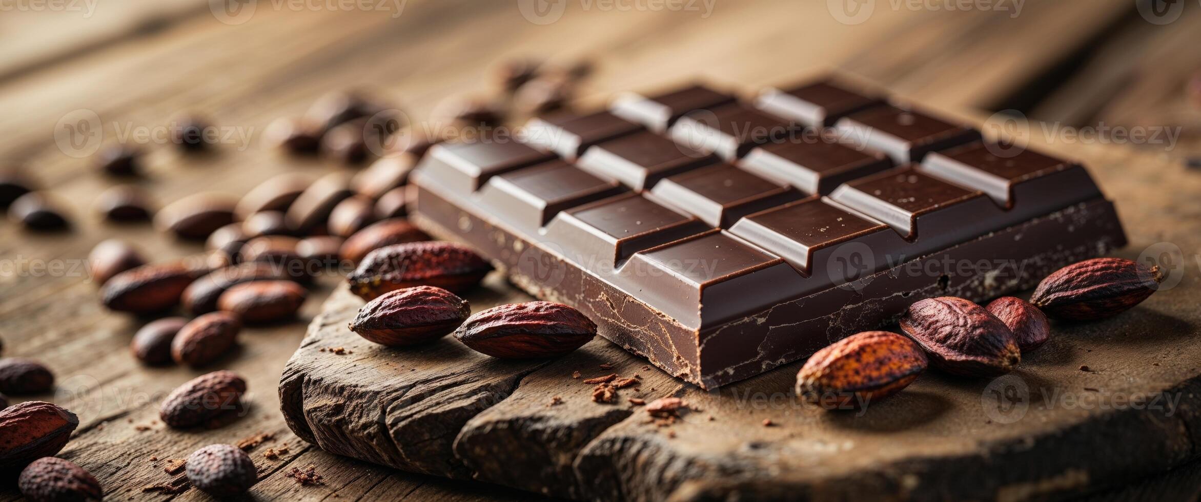 Chocolate bar on wooden table with cocoa beans photo
