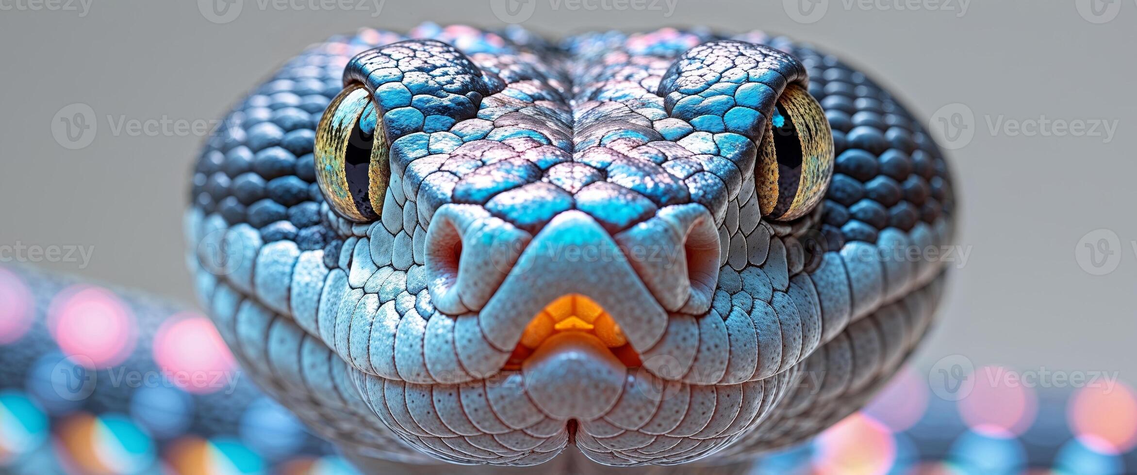 A close up of a snake's head with colorful eyes photo