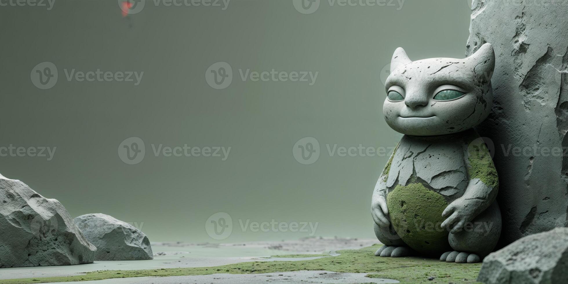 A cat statue sitting on a rock in a field photo