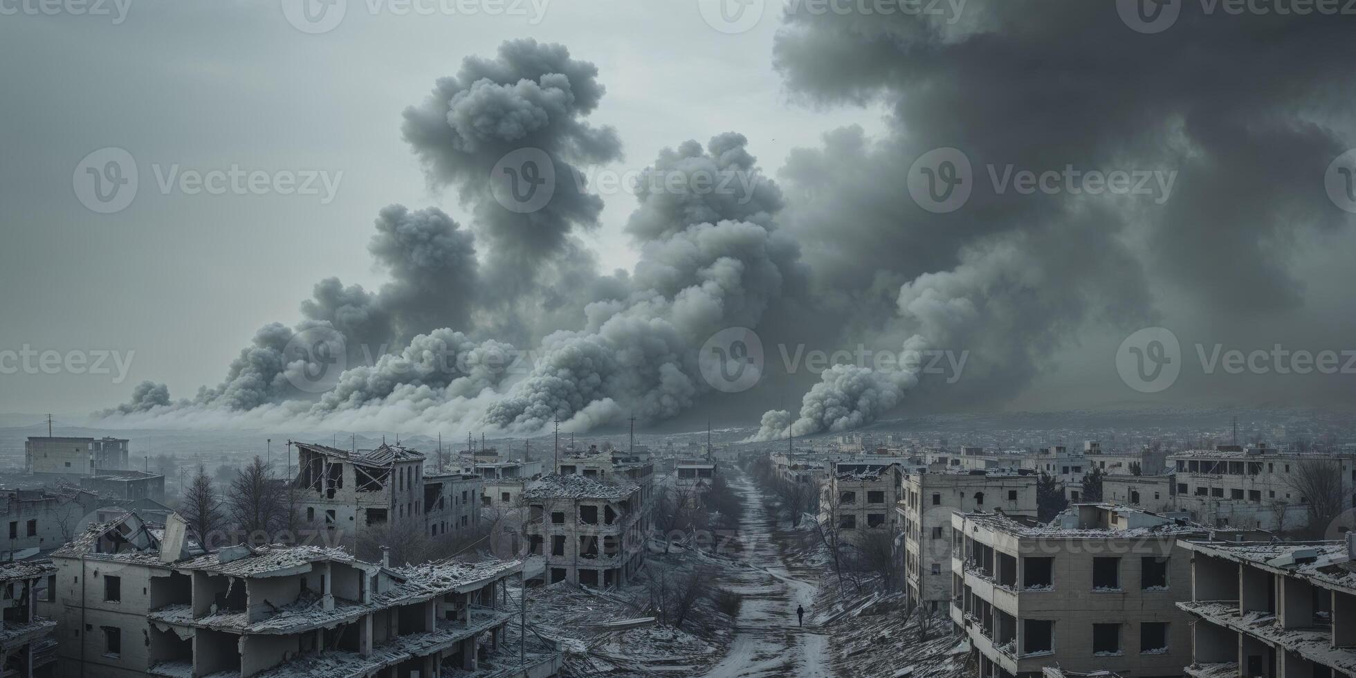 Wide Angle Shot of a War Zone Featuring Destroyed Buildings and Smoke Rising Amidst a Devastated Landscape in a Gloomy Atmospheric Setting. photo