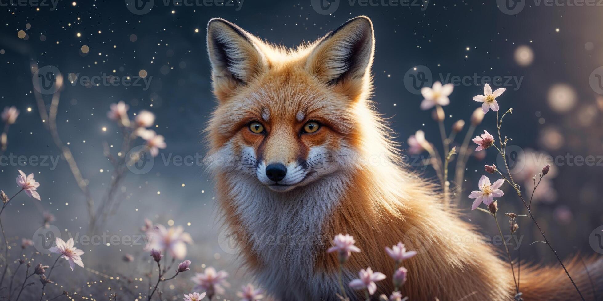 Golden Fox Spirit Amidst Night Blooms and Stars. photo