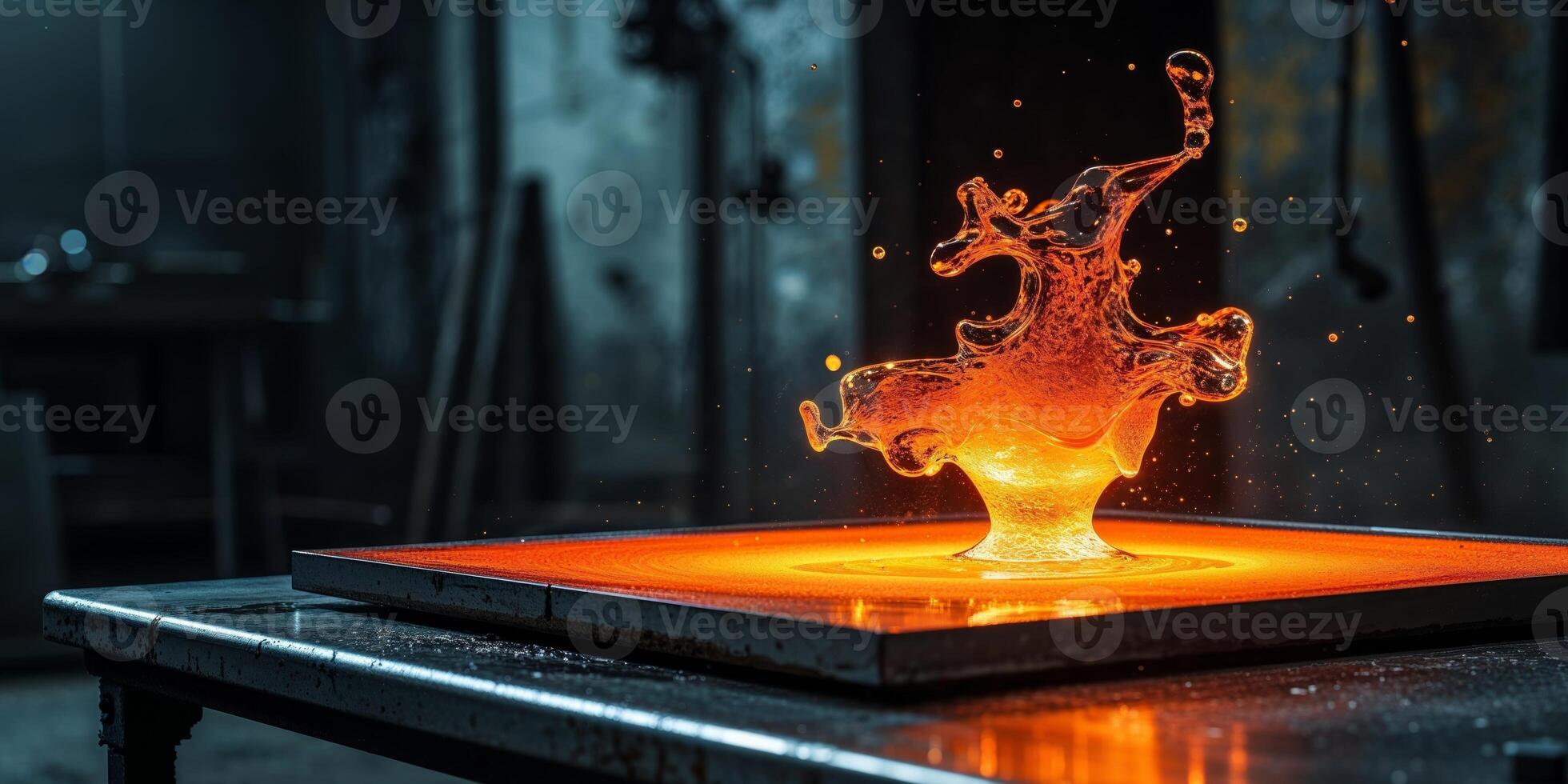 Intense Orange Glow of Cooling Glass on Metal Table in Dark Workshop. photo
