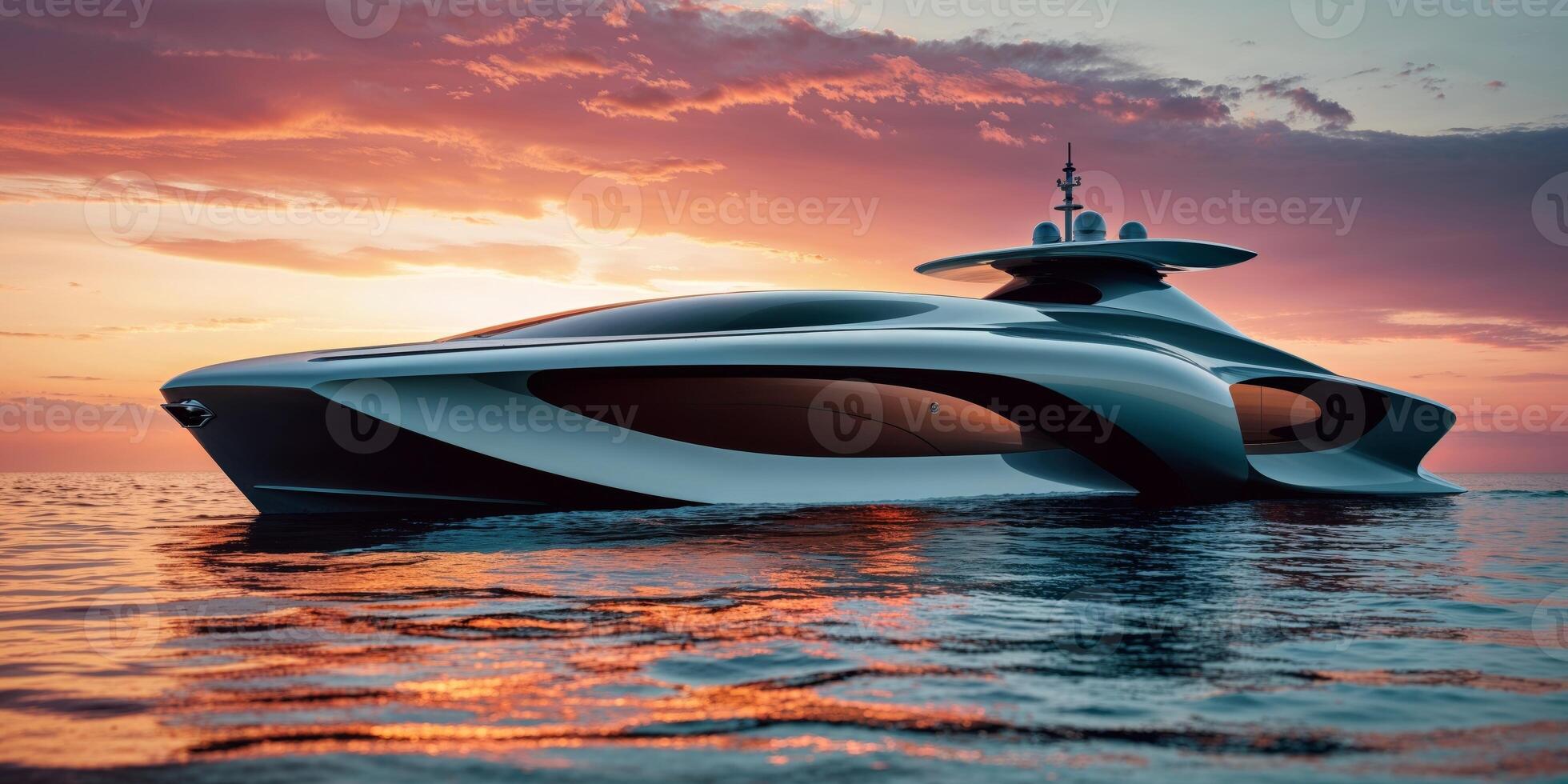 Futuristic luxury yacht design with organic shapes and sunset reflections. photo