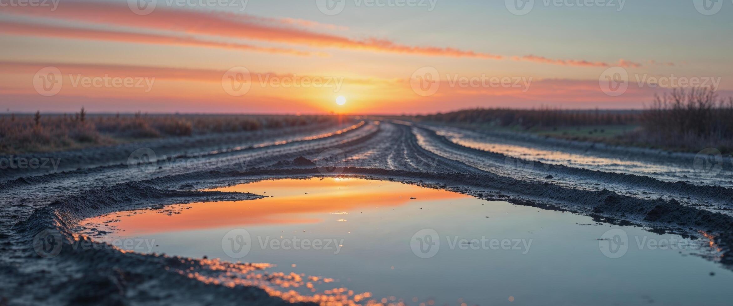 Sunset Landscape Mud Track Path Puddle Reflection photo