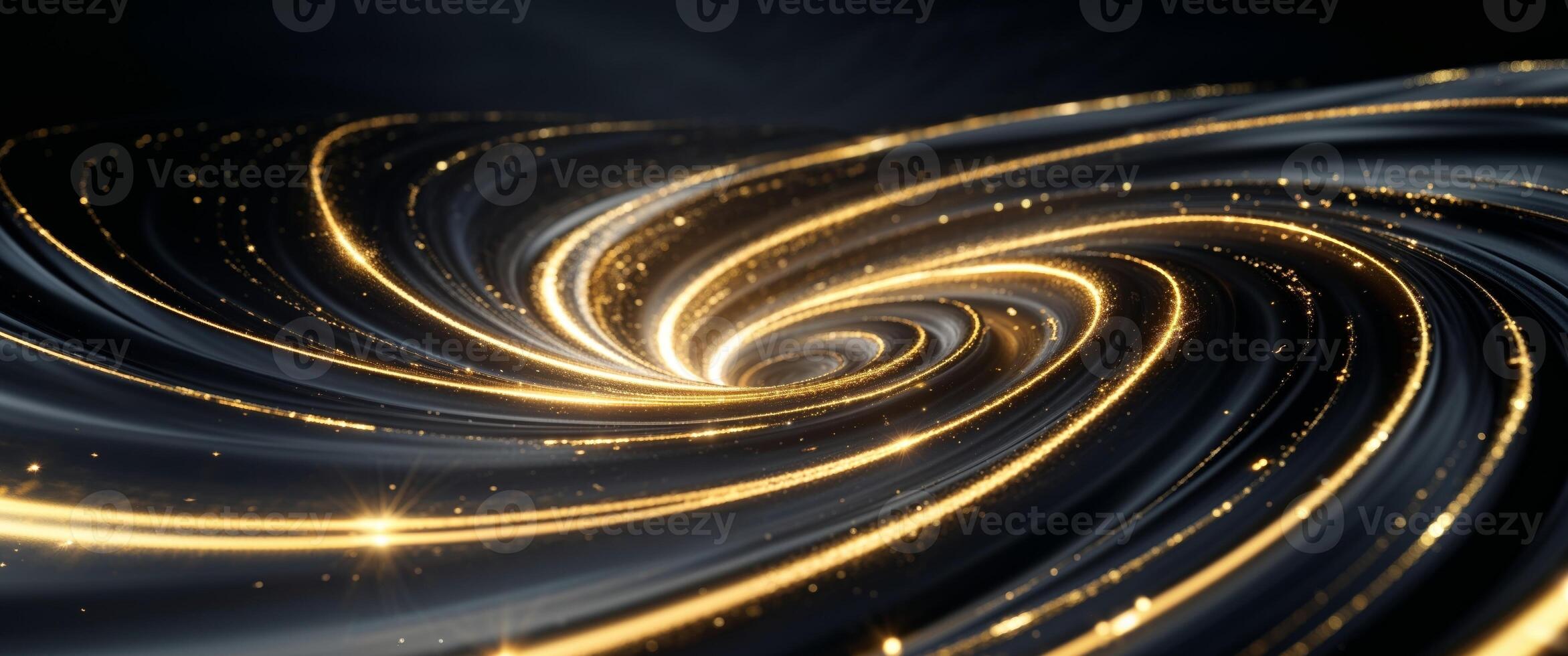 Swirling gold light vortex on dark background for abstract design. photo