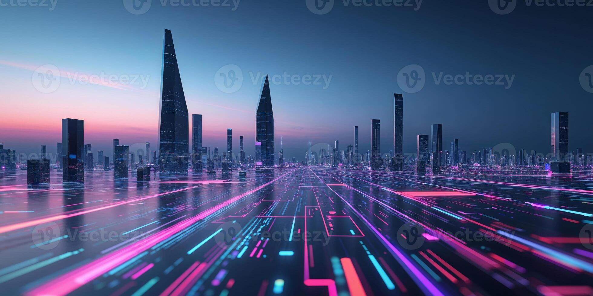 Futuristic Digital Landscape with Neon Lights and Data Streams. photo