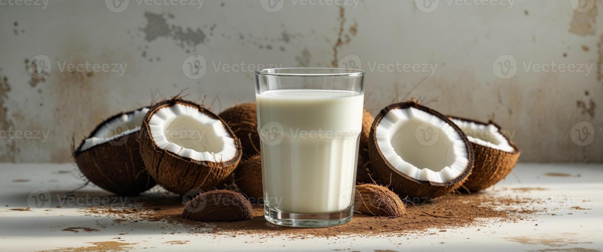 Fresh coconut milk in a glass surrounded by coconut shells on a textured grunge backdrop with soft natural lighting and ample copy space. photo