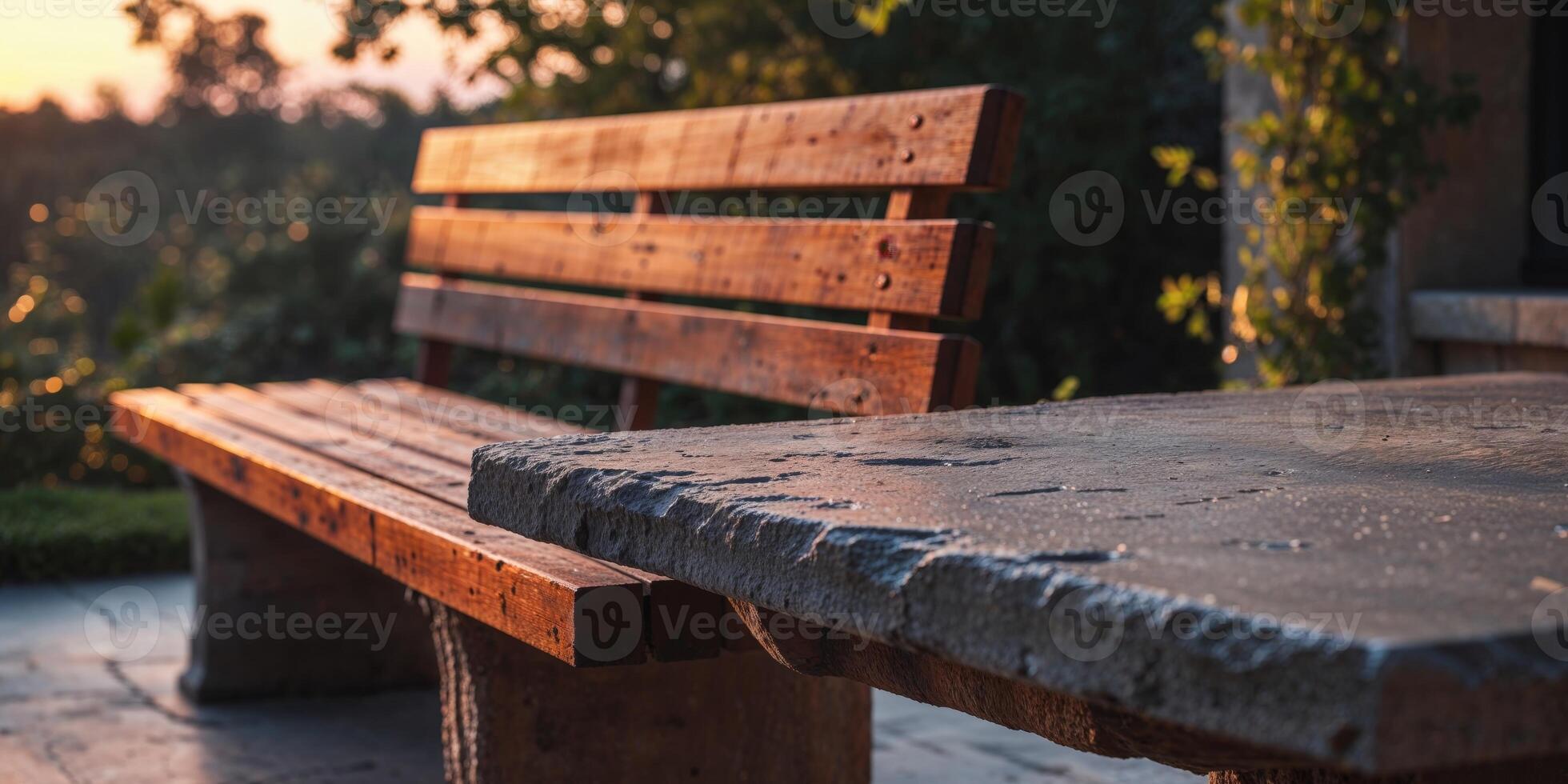 A bench and a table sitting on a stone patio photo