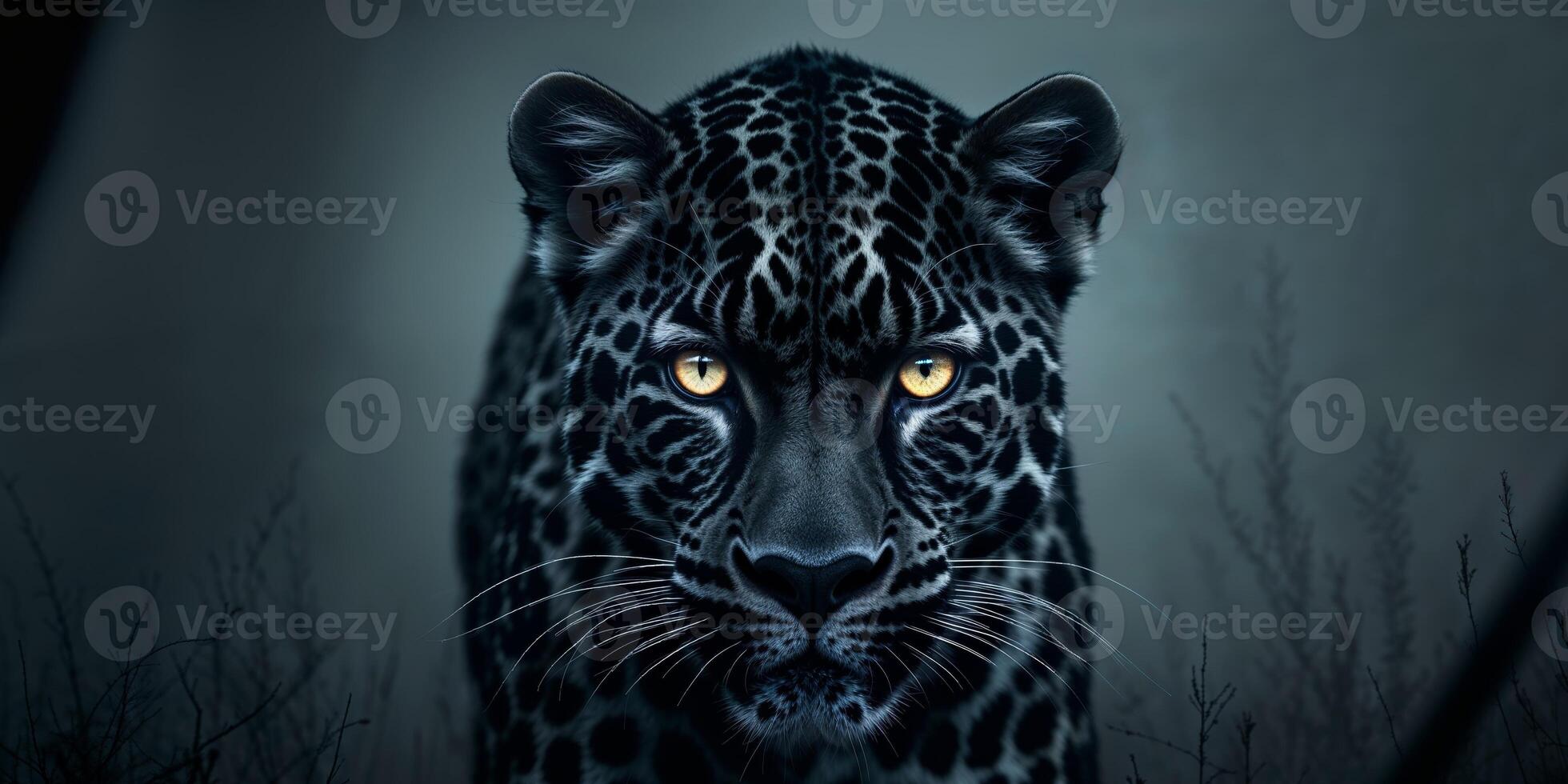 Intense Gaze of a Majestic Black Leopard in the Dark with Glowing Eyes photo