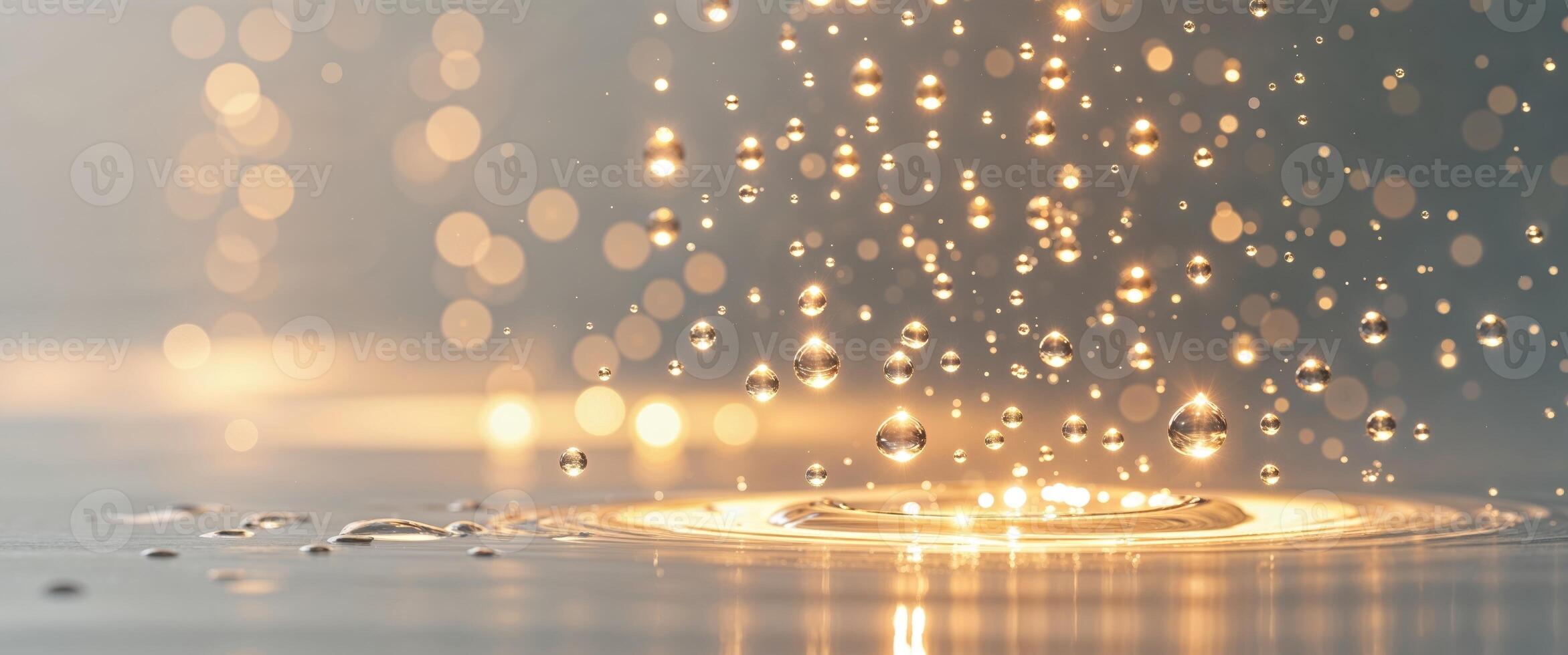 Illuminated golden light reflection on water drops photo