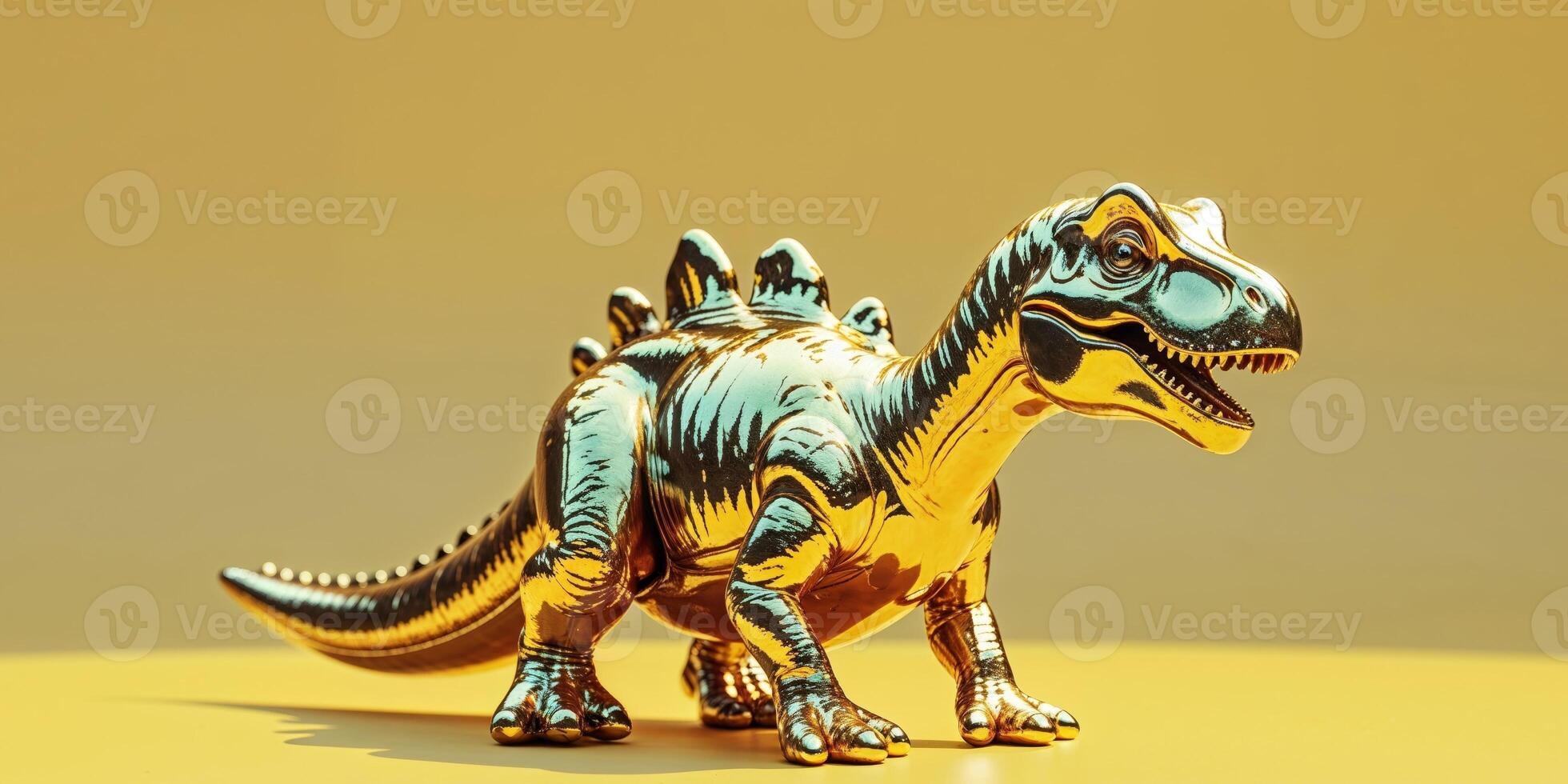 Toy dinosaur in gold on yellow background with pop art style photo