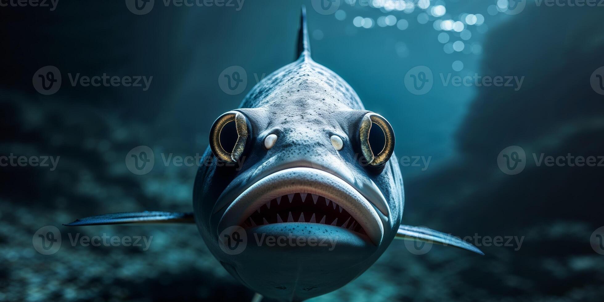 Striking Fish Face With Sharp Teeth and Large Eyes Emerging From Dark Ocean Depths in Eye Level View photo
