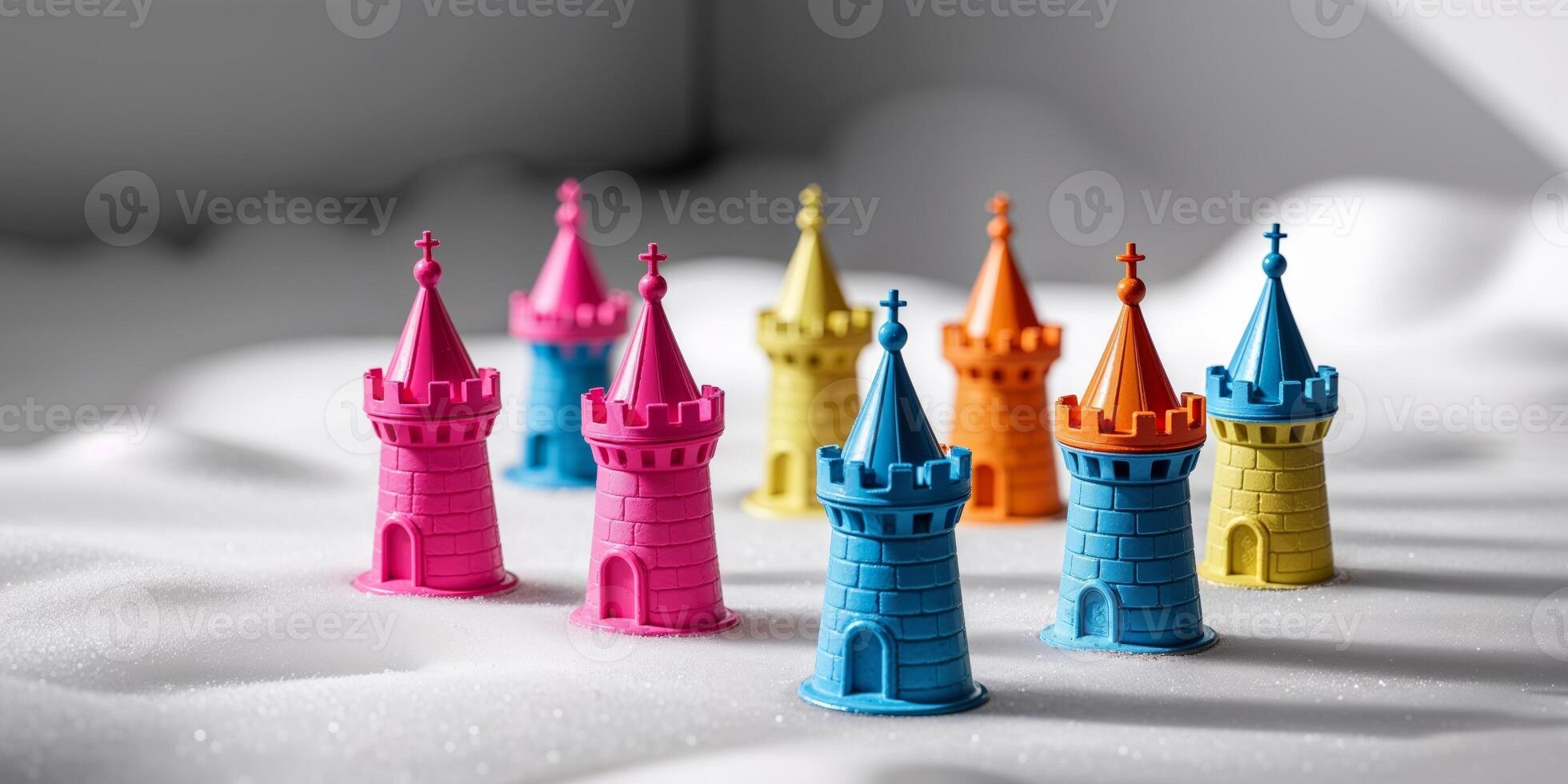 A group of colorful toy castles on a white surface photo