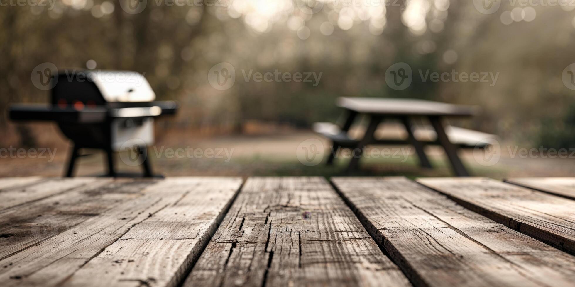 A wooden table with a grill on it photo