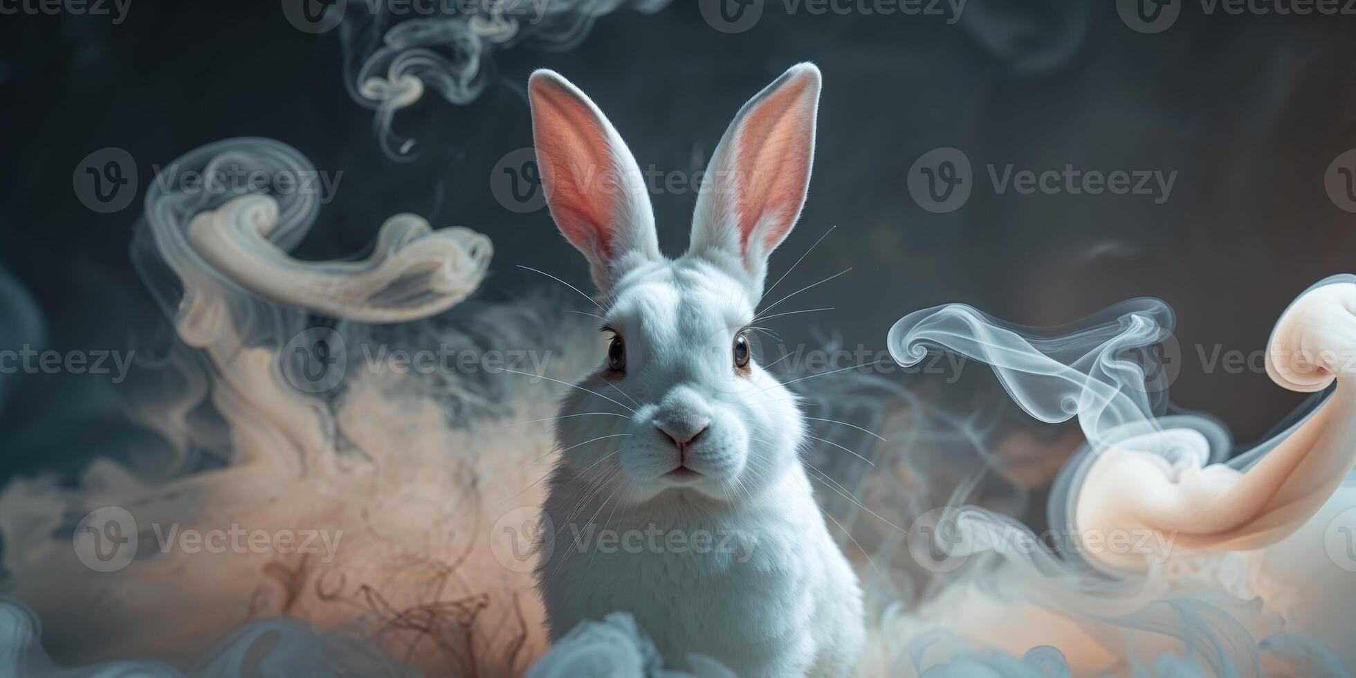 A white rabbit is surrounded by smoke photo