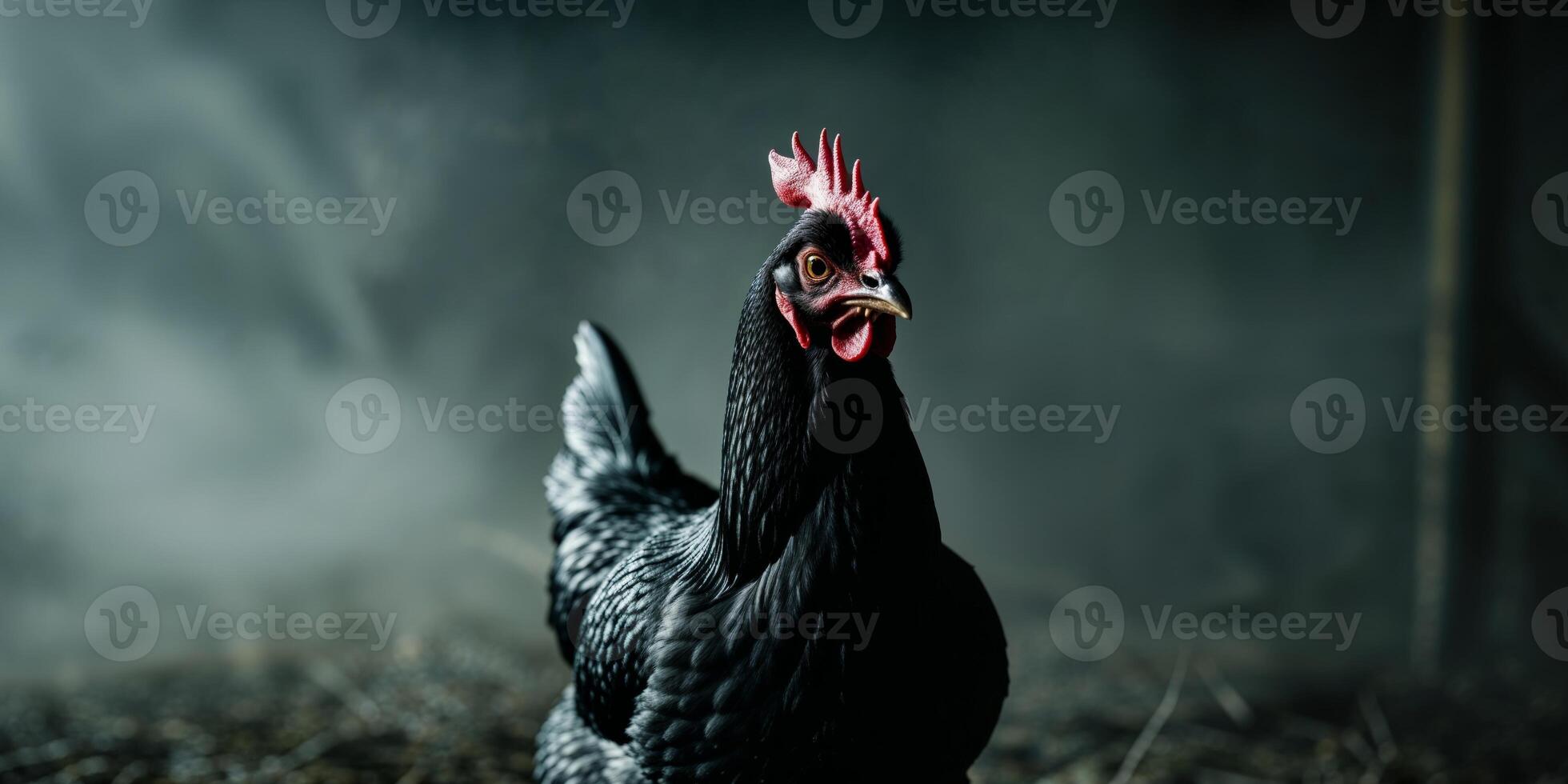 Intriguing Image of a Black Chicken in a Mysterious Setting photo