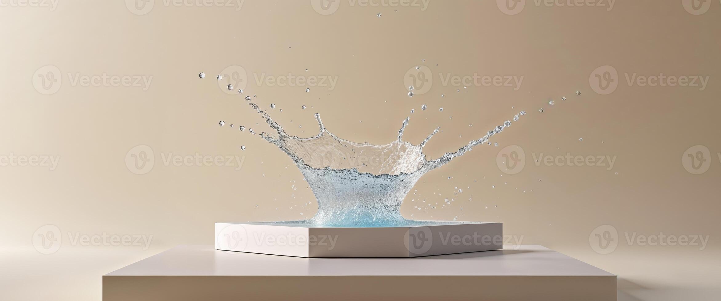 Square podium and water splash on beige background photo