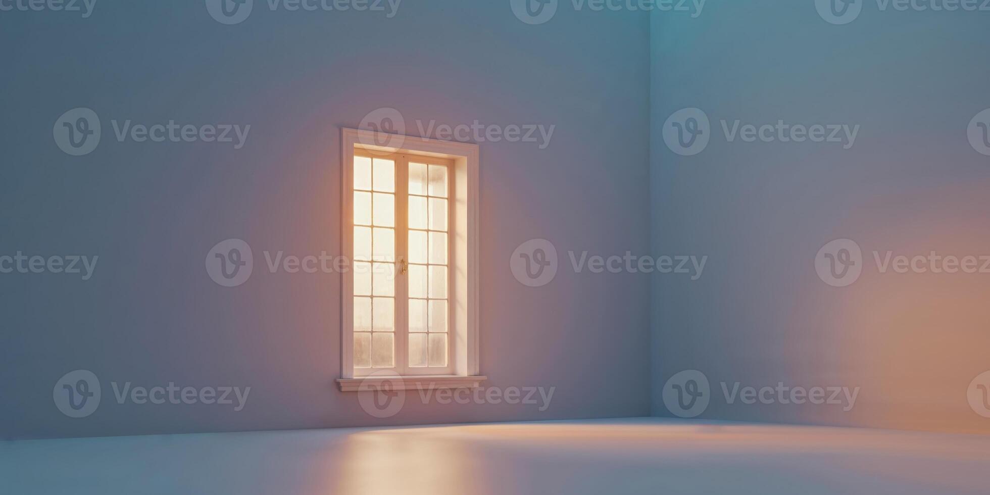 Illuminated window shining in the twilight on a blue wall. photo