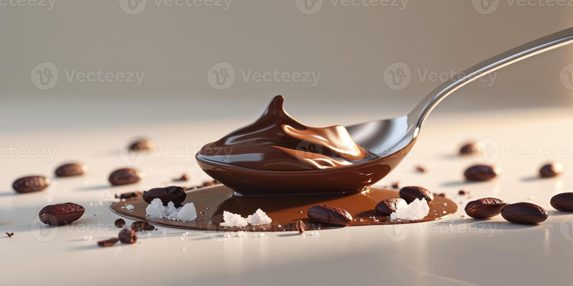 Rich Dark Chocolate Melting Over a Spoon with Cocoa Beans and Salt photo