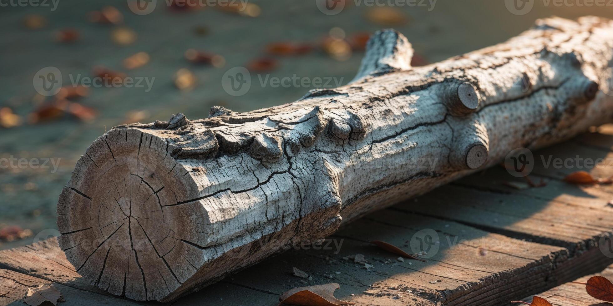 A log laying on the ground next to leaves photo