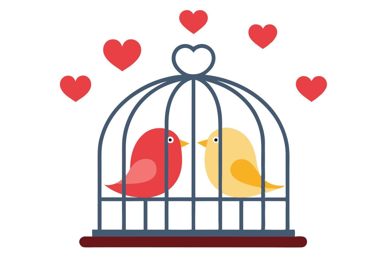 Two Flat Design Birds Inside Decorative Cage with Red Hearts on White vector