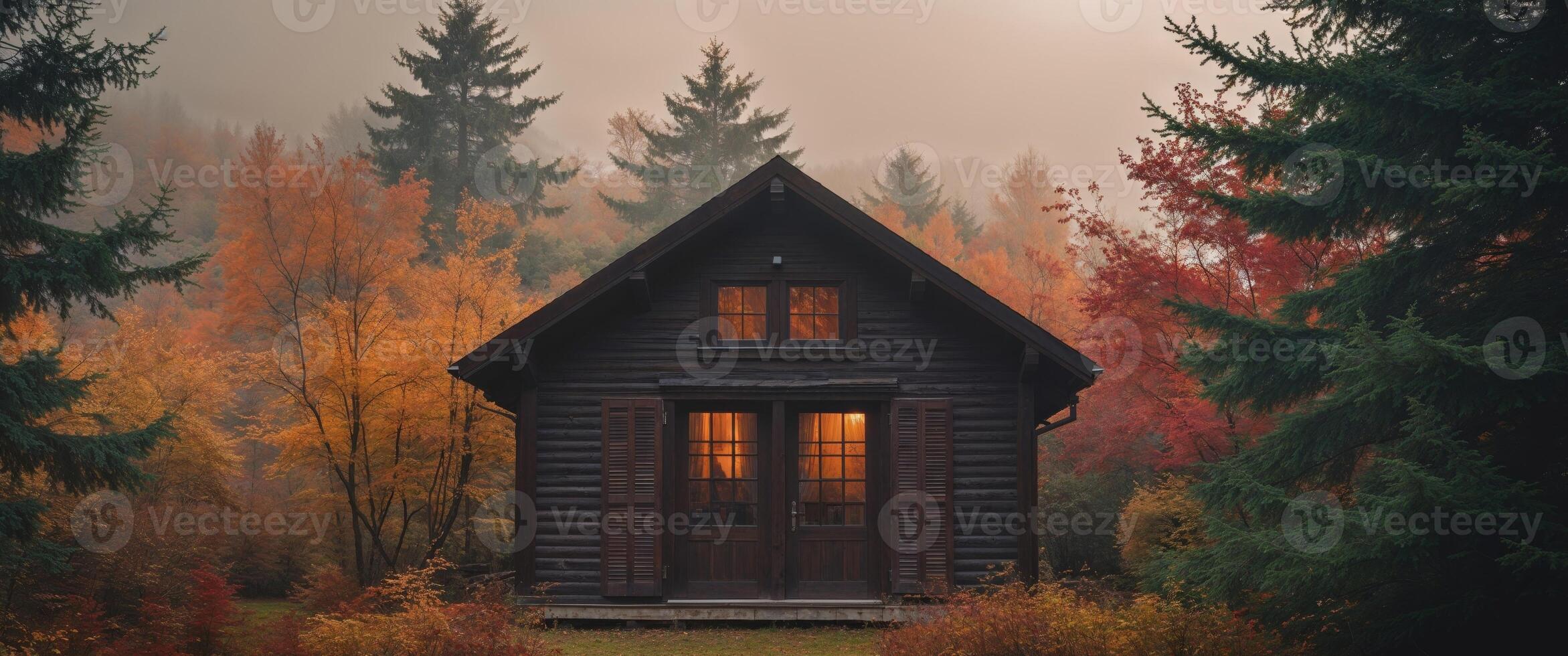 A small cabin in the woods with a foggy sky photo