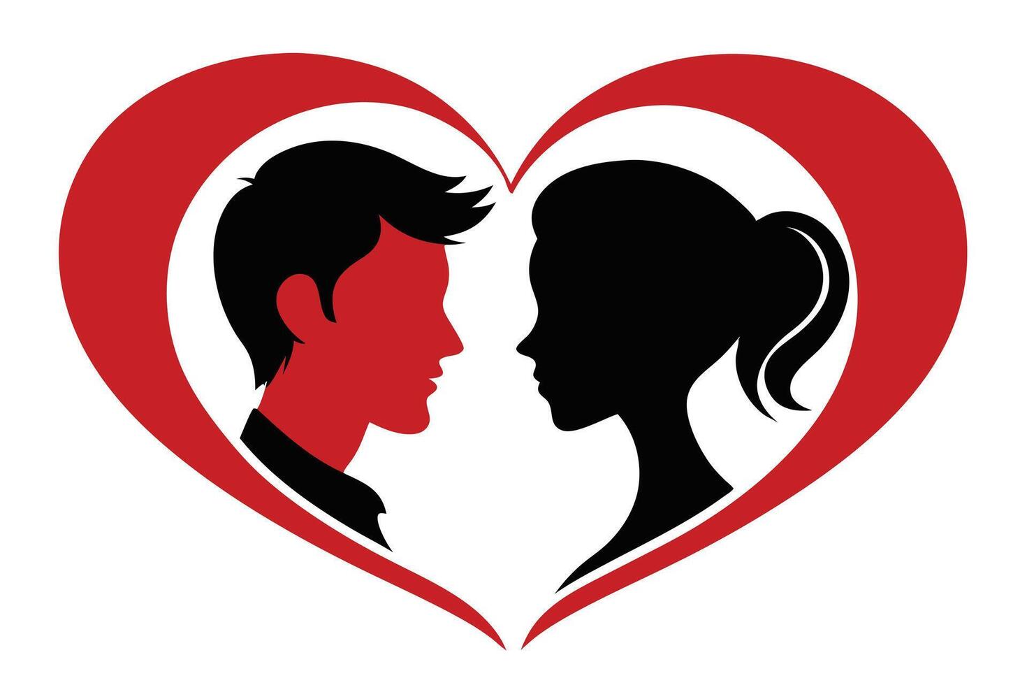 Red Heart Shape Silhouette with a Man and Woman Facing Each Other on White vector