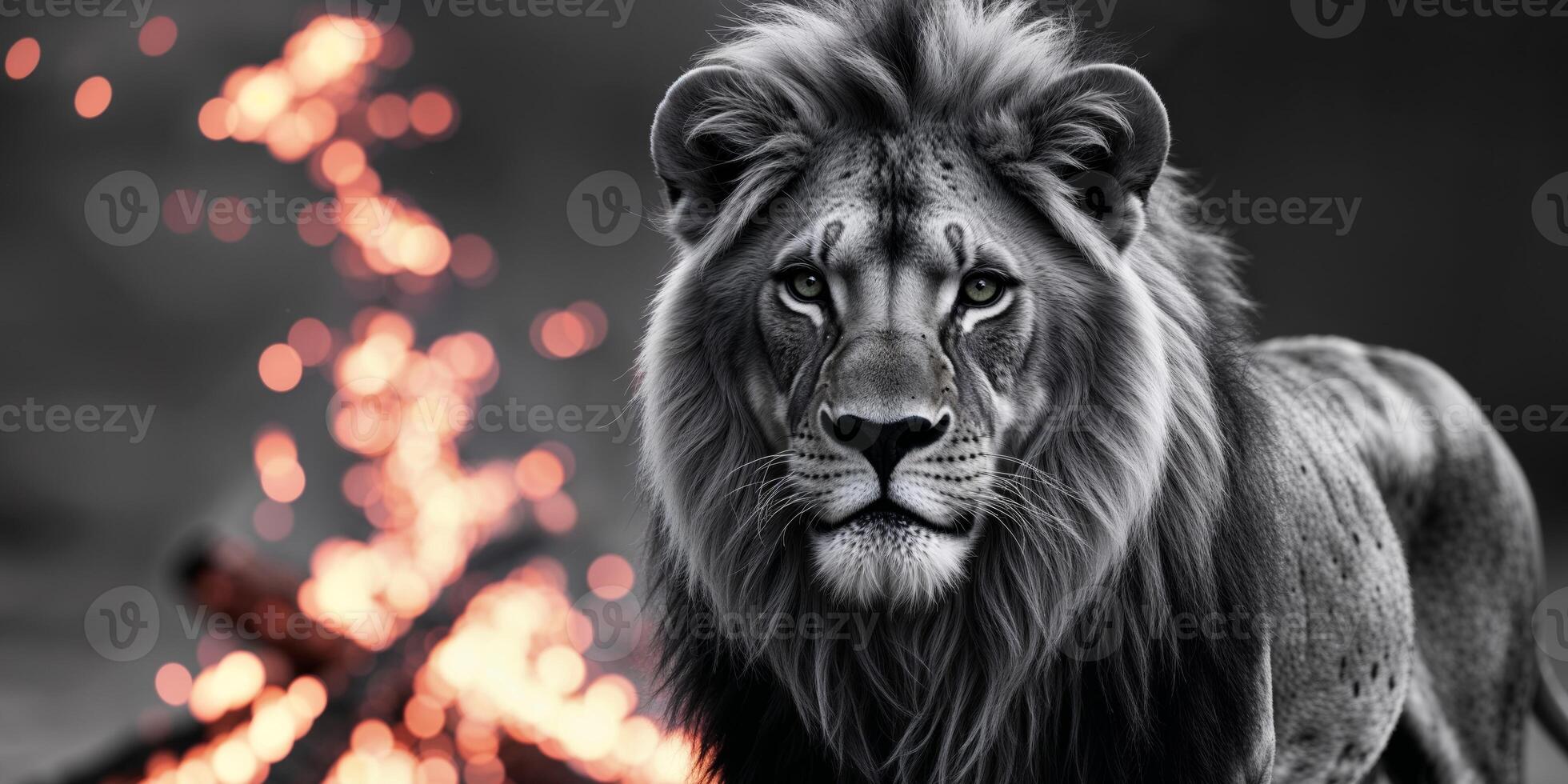 A lion is standing in front of a fire photo
