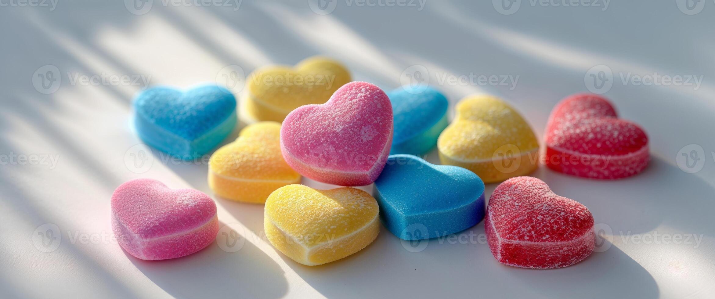 A pile of colorful heart shaped candies on a white surface photo