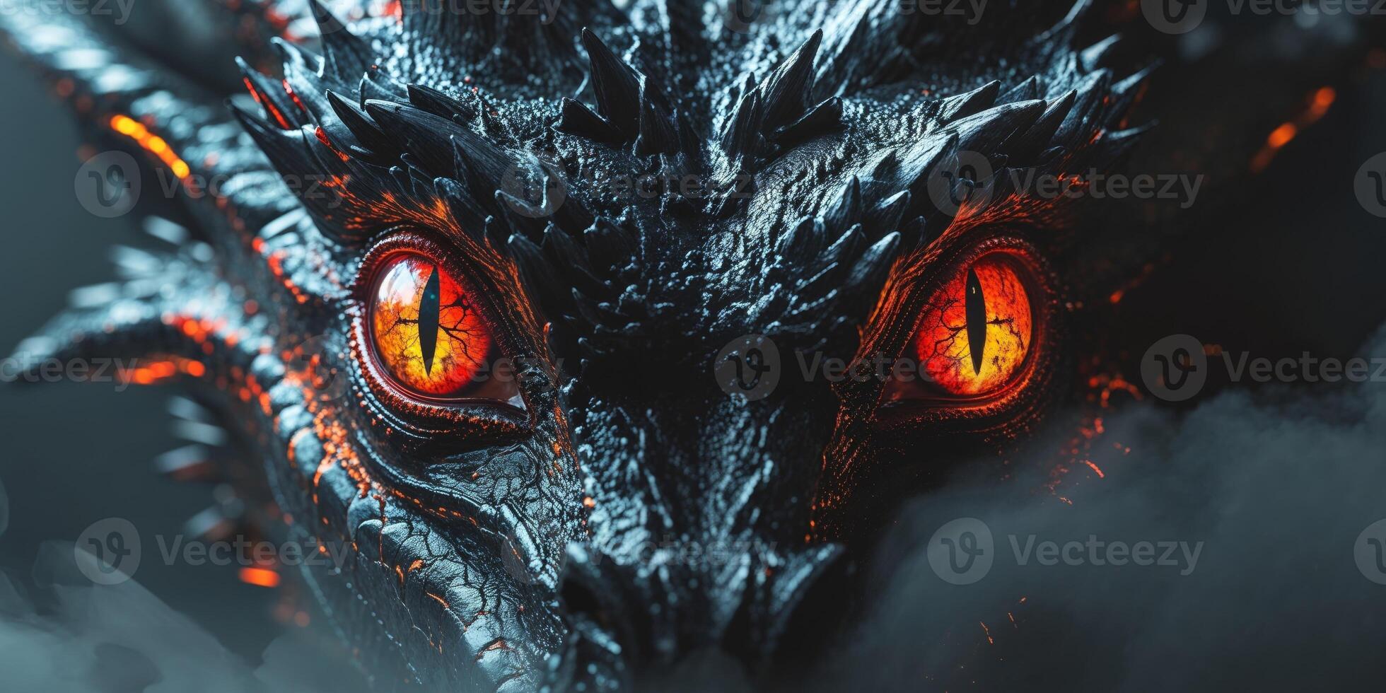 Dragon eyes glowing colorful fire flame in fog on solid dark background. photo